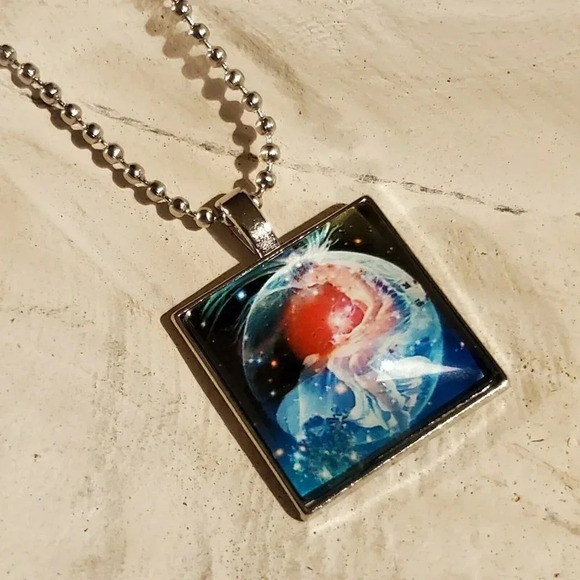 Man in the Moon Nebula Square Glass Cabochon Pendant Necklace - Picture 2 of 4